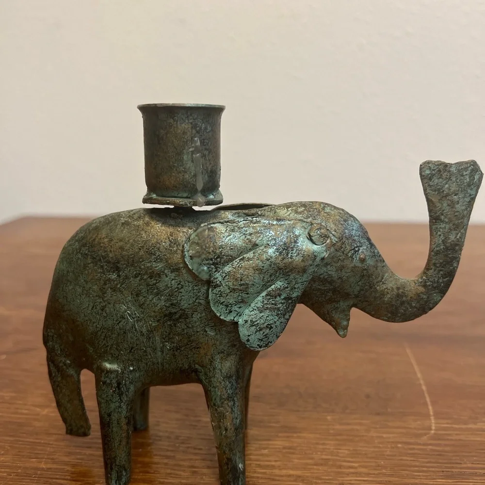 Vintage Brass Elephant Candle Holder – Patina Bronze Finish 5” Figurine
